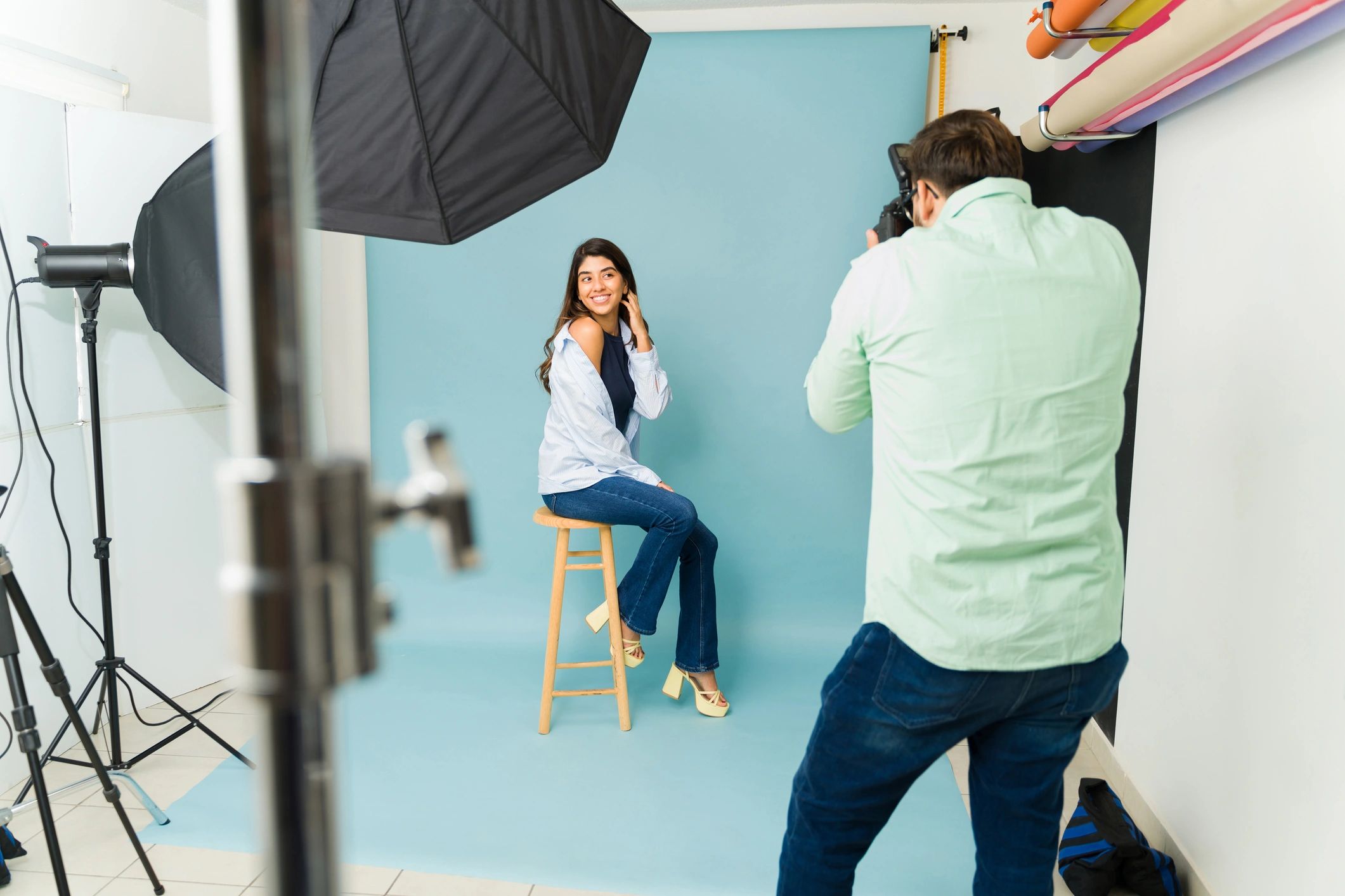 Playful candid moment at a photoshoot